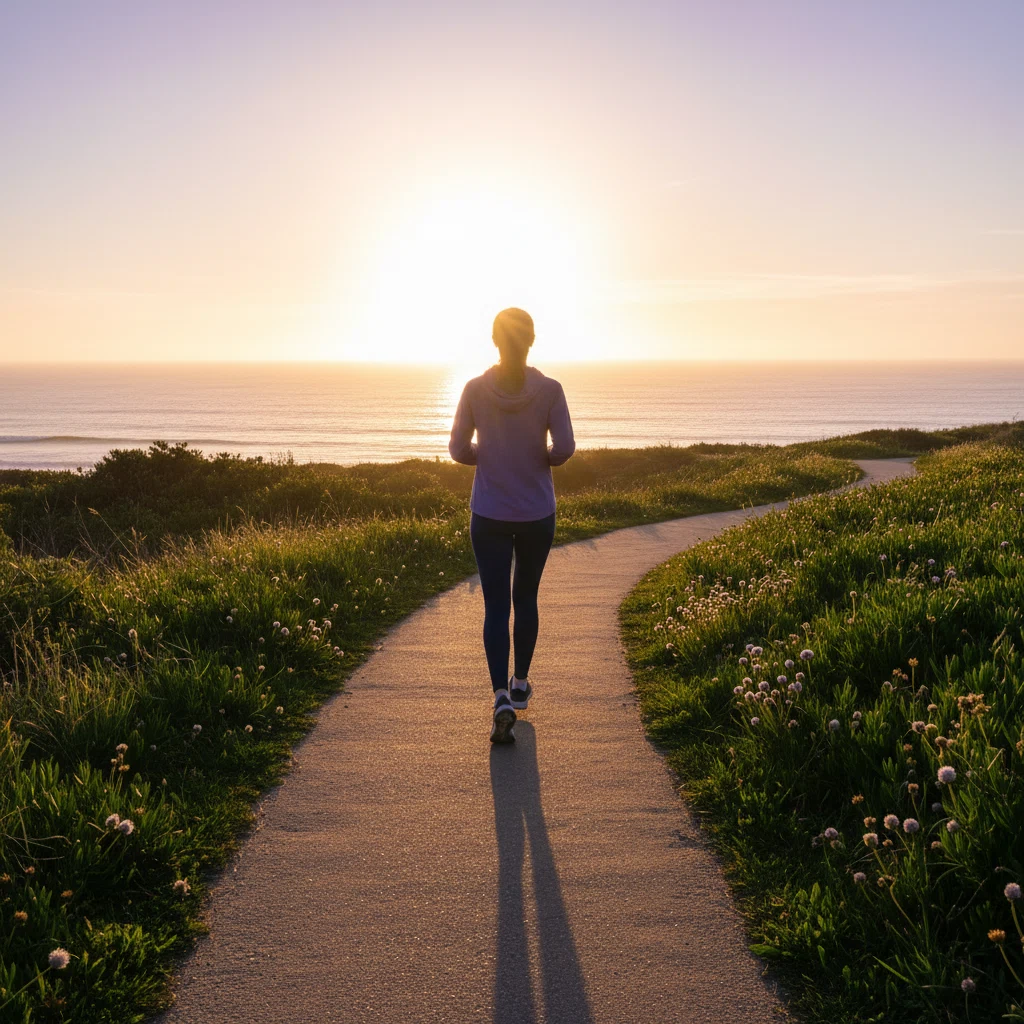 Anonymous silhouette walking along a coastal path at sunrise - botanical supplement for everyday energy and active lifestyle